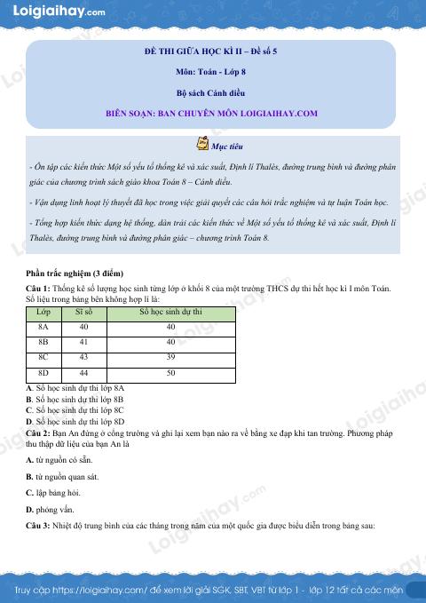 Đề thi giữa kì 2 Toán 8 - Đề số 5 - Cánh diều
